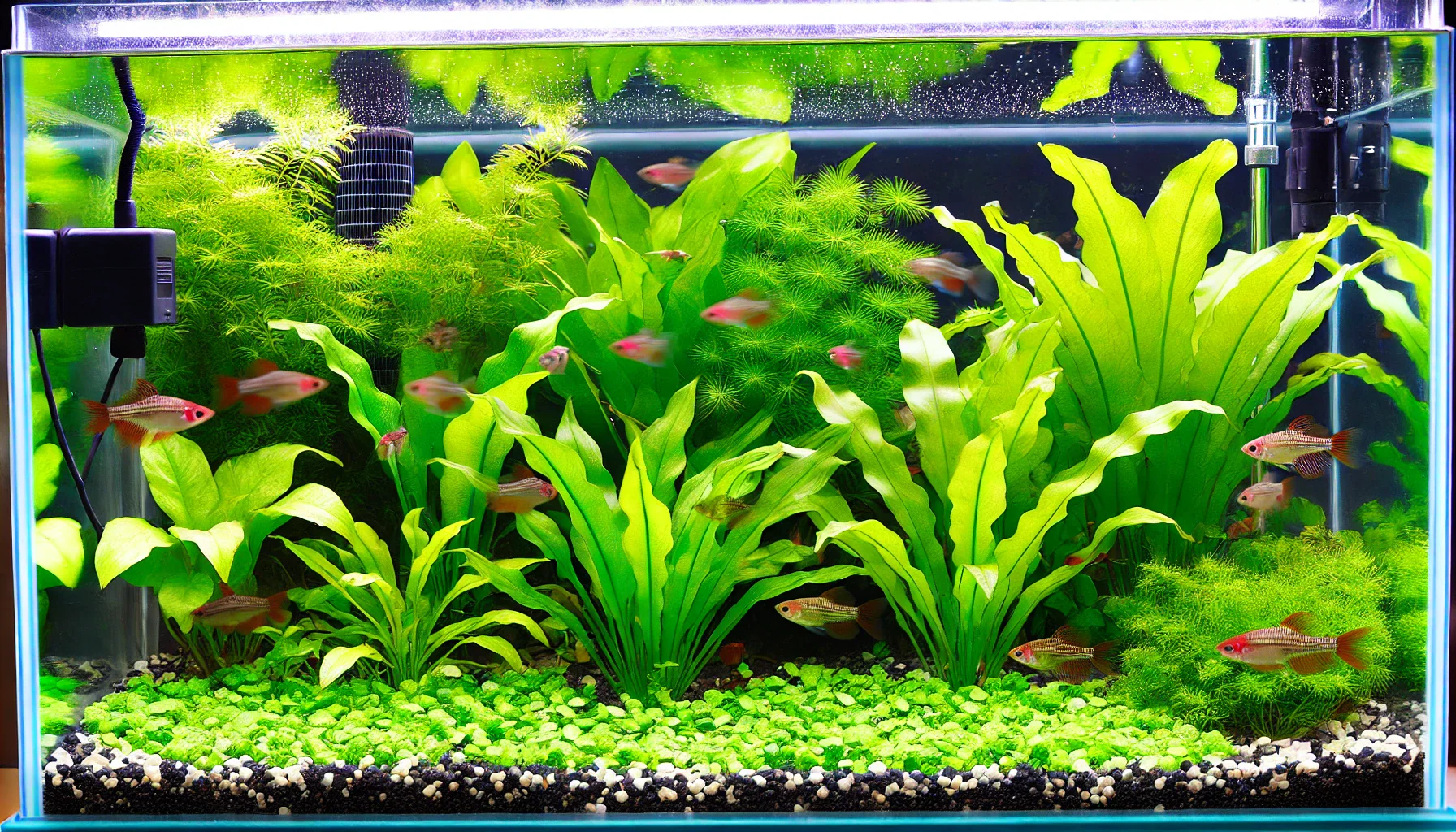 dall e 2024 07 04 17.10.36 a beautiful aquarium with lush green live plants like anubias nana java fern cryptocoryne wendtii and monte carlo. the tank features a clean well